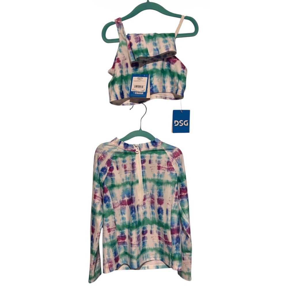DSG Girls 3pc Swim Set Rash Guard Bikini Top Bottoms Tide Dye Multi Small 6-8